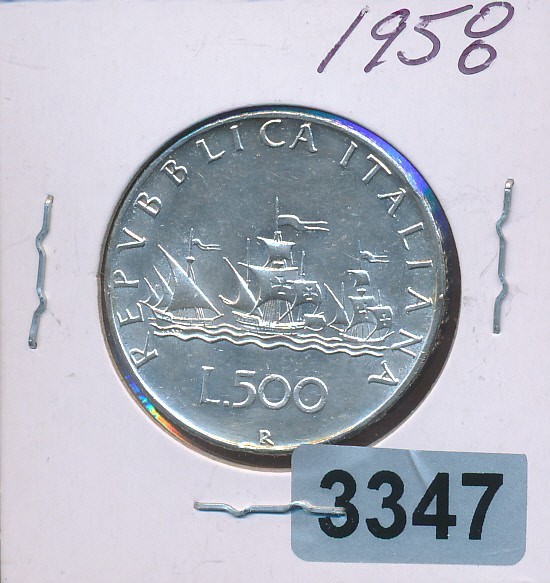 ITALY - 500 LIRE -  SILVER  - 1958 - SHIPS - #3347
