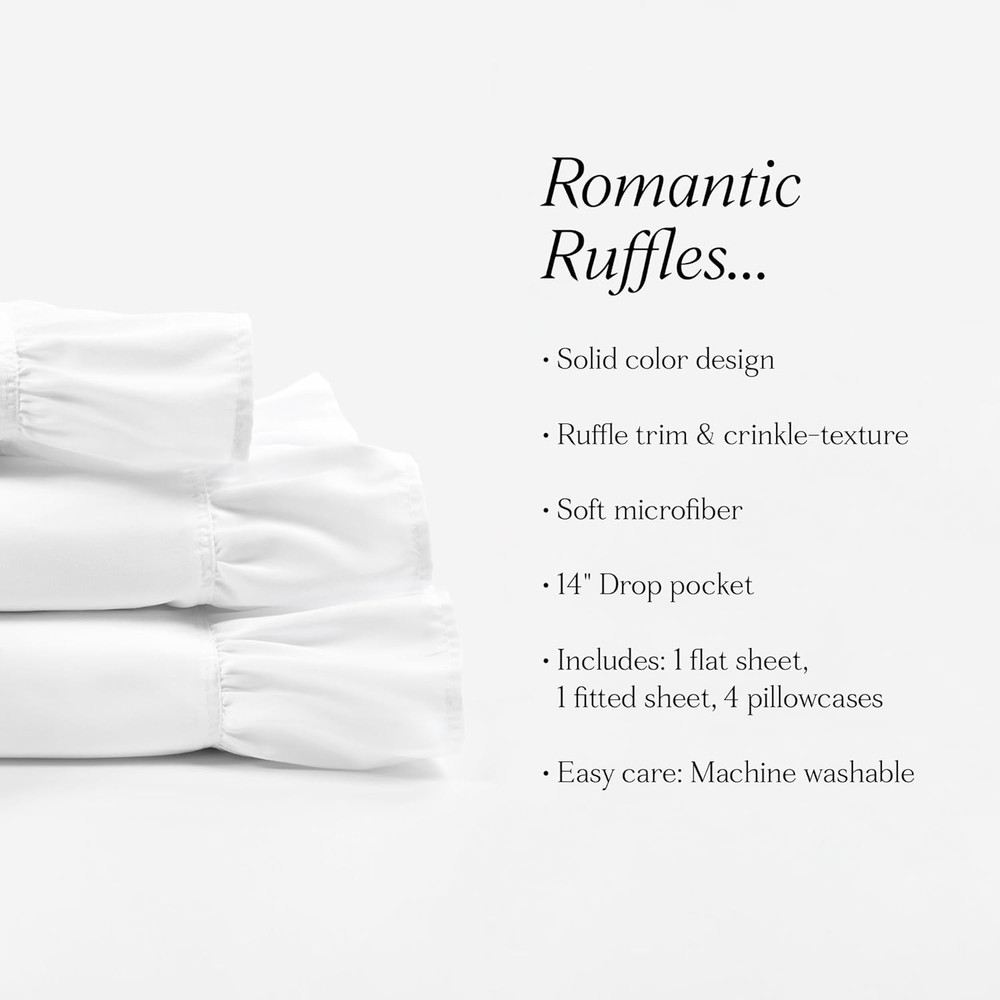Reyna Ruffle Sheet Set 6 Piece Set Queen, White -Queen Sheets - White Bed Sheets