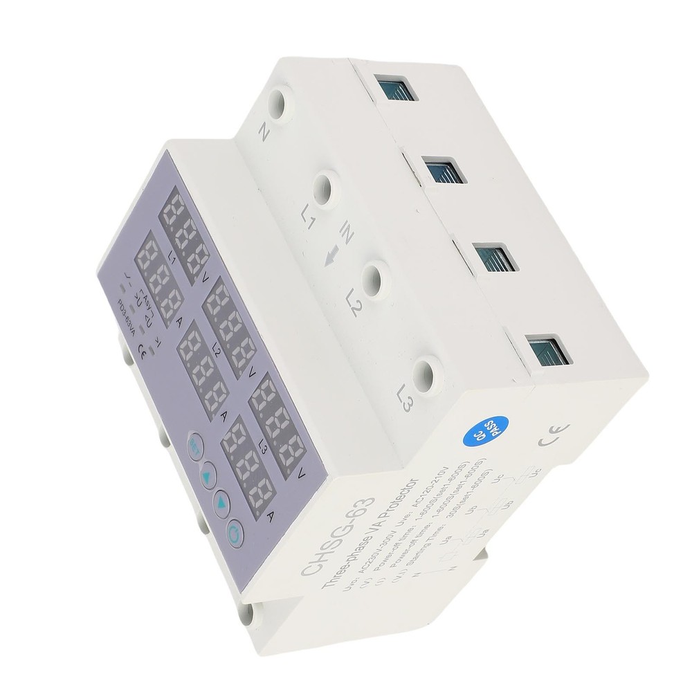 63A 3 Phase DIN Rail Voltmeter Ammeter Auto Overvoltage Overcurrent Protector AC