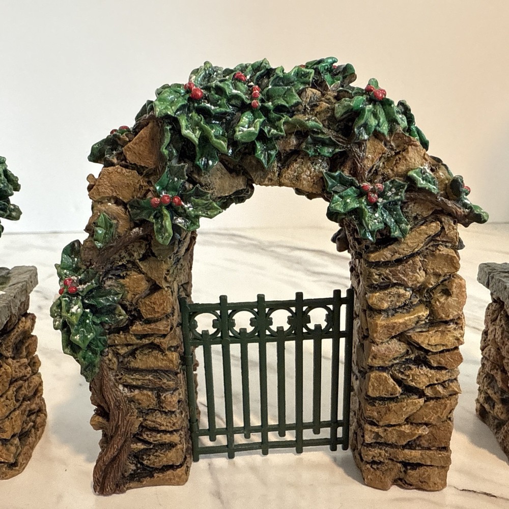 Dept 56 Stone Corner Posts with Holly Tree and Stone Archway Accessory #52648