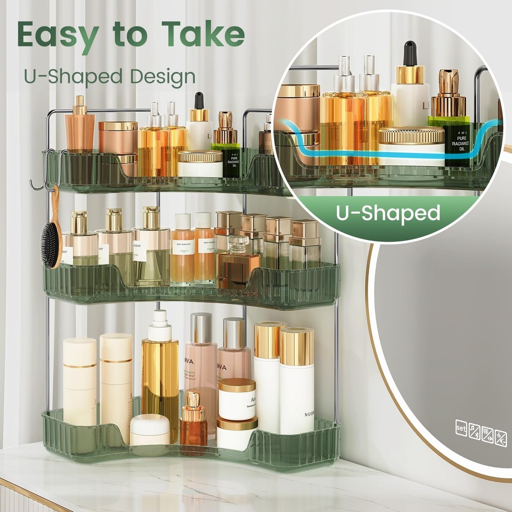 3-Tier Green Corner Organizer, PET Counter Storage with Hooks | Multi-Surface...