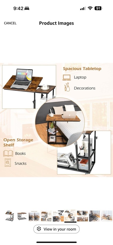 Tangkula Height Adjustable C Shaped End Table With Locking Wheels