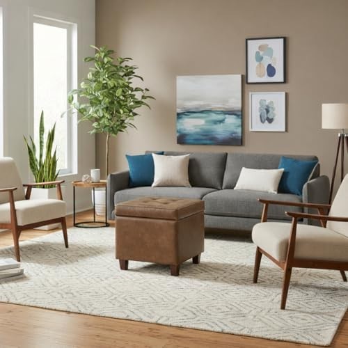 Square Tufted Storage Ottoman - Distressed Brown Faux Leather, Small, Versatile