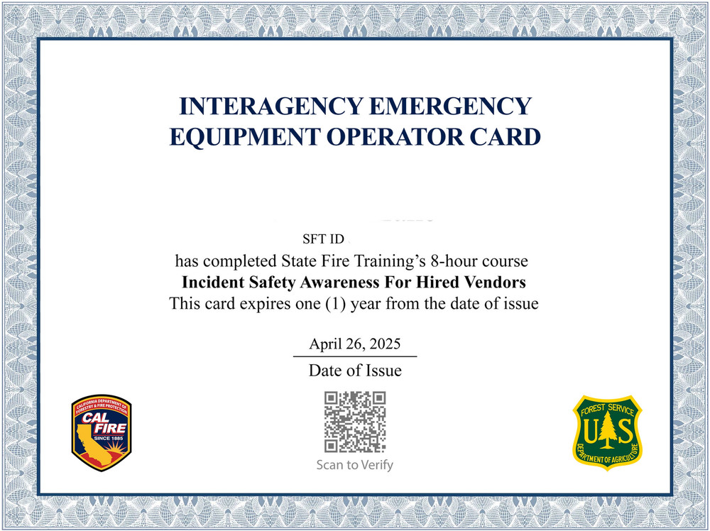 CALIFORNIA FIRE TRAINING EQUIPMENT OPERATOR CARD DIPLOMA WALLET CARD