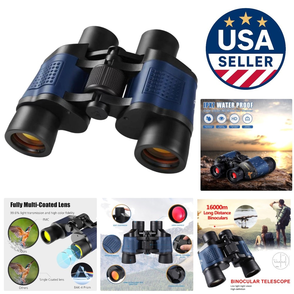 Compact 60X60 Binoculars with Low Light Night Vision for Birdwatching & Hunting