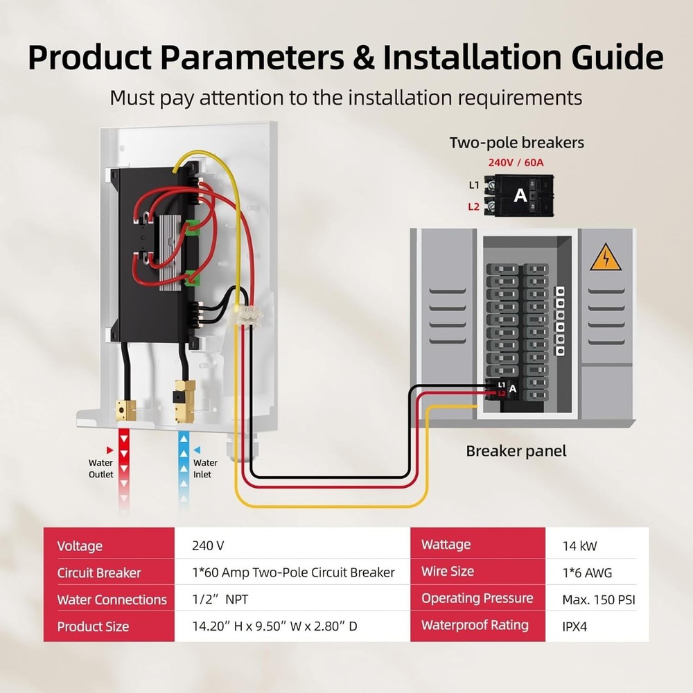 14kW Tankless Water Heater Electric 240V On Demand Instant Hot Water Heater