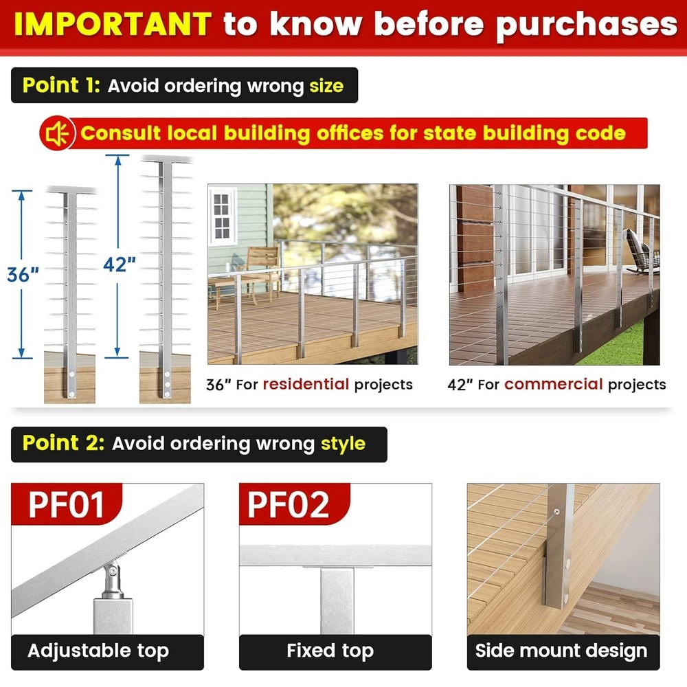 42" Side Mount Cable Railing Post Level Drilled Space-Saving Brushed Stainless