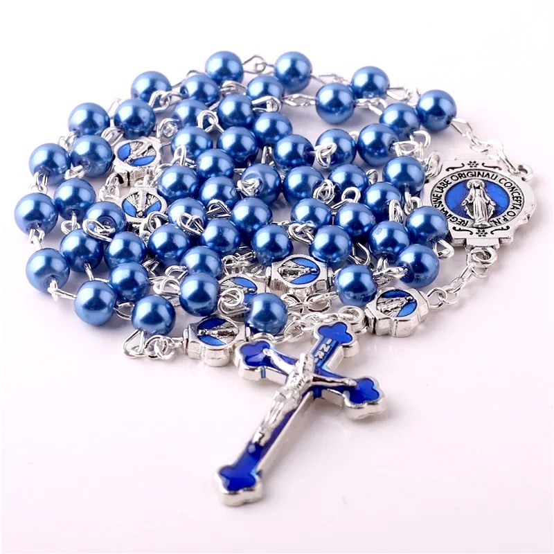 Catholic Town Rosary blue glass pearl beads Enamel Crucifix and Miraculous medal