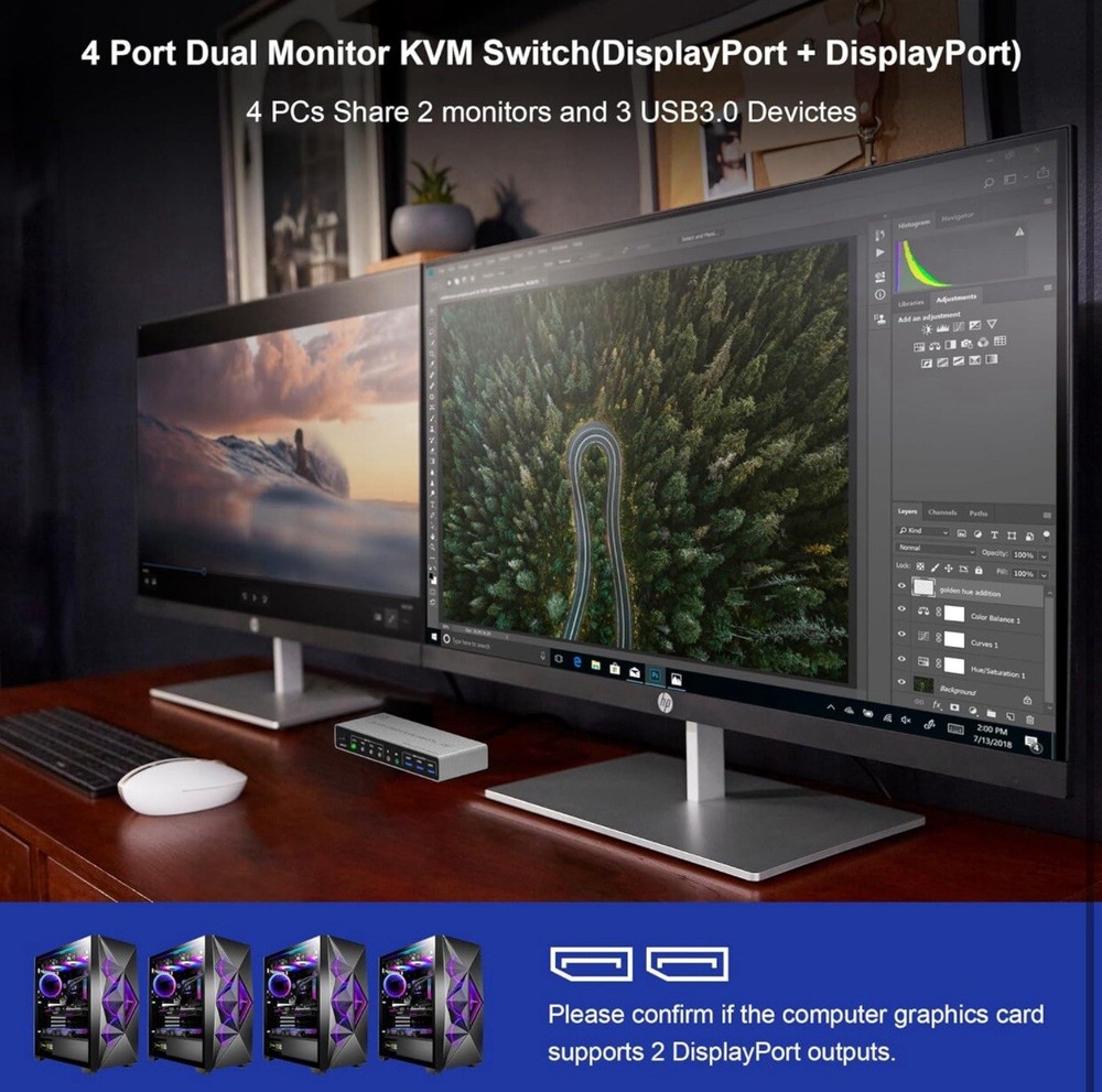 8K@60Hz Displayport USB 3.0 KVM Switch 2 Monitors for 4 Computers