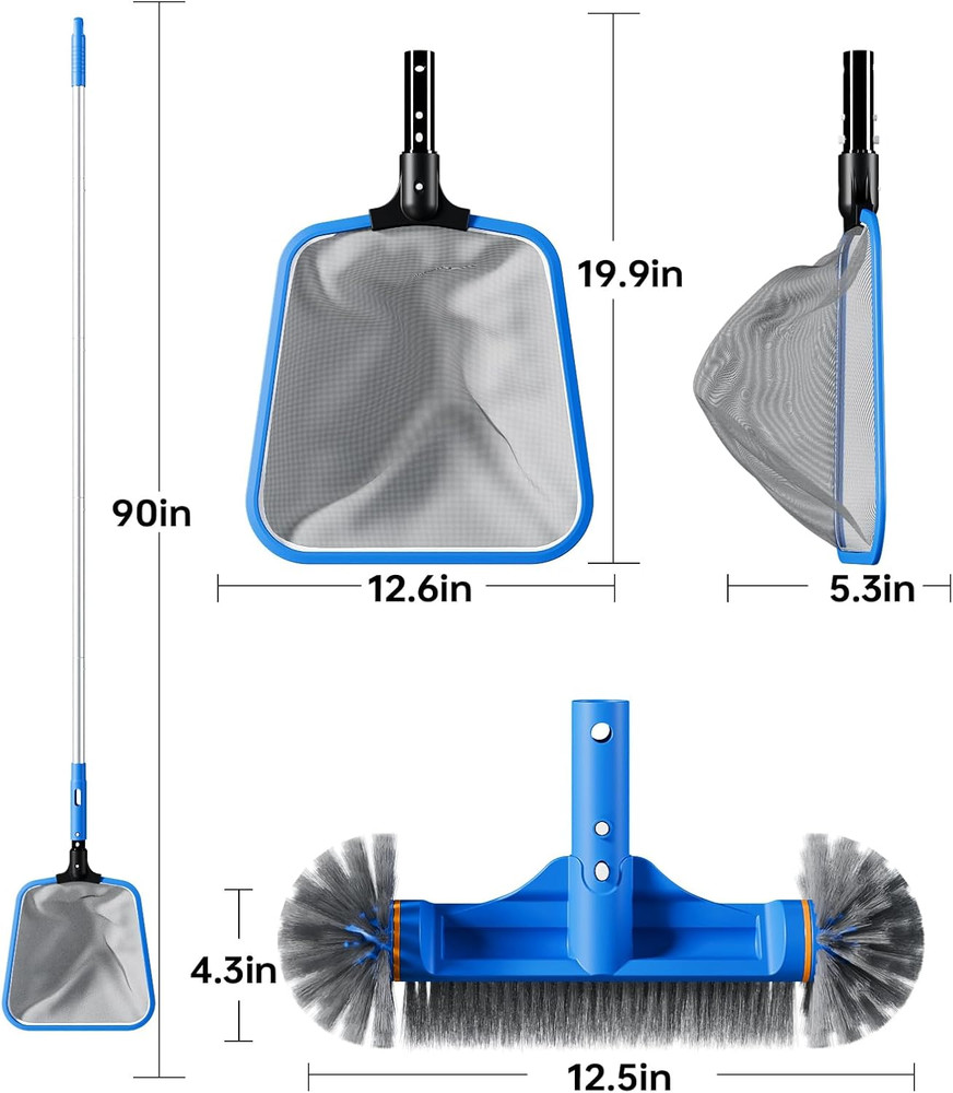Swimming Pool Cleaning Kit - Half-Deep Fine Mesh Skimmer Net, 12" Brush Head & 7