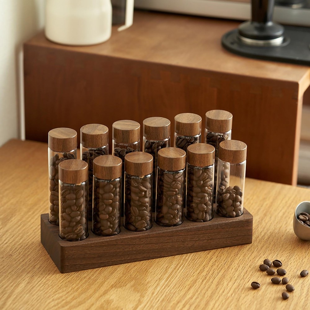Coffee Bean StorageCoffee Storage Container with Walnut Solid Wood BaseCoffee...