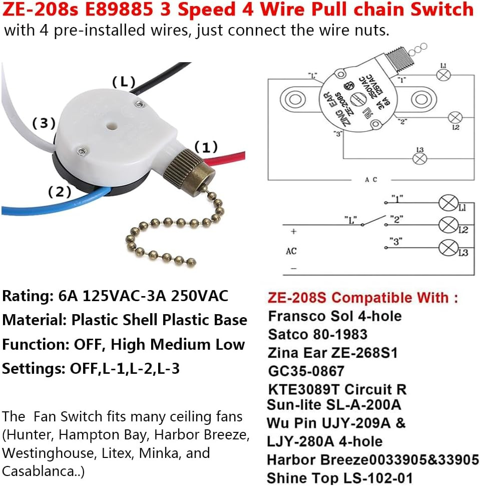 Ceiling Fan Switch Zing Ear Ze-208S E89885 3 Speed 4 Wire Pull Chain Switch Fan