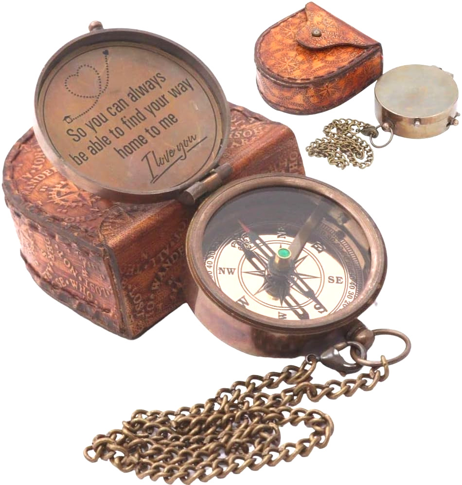 Brass Pocket Compass with Engraved Message, Chain and Leather Case Gift