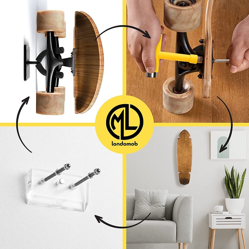 4 Item Pack Skateboard Wall Mount with T Skate Tool Accessory and Display Deck