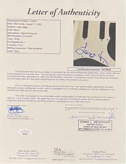 Lady Gaga Signed Guitar JSA Authentication