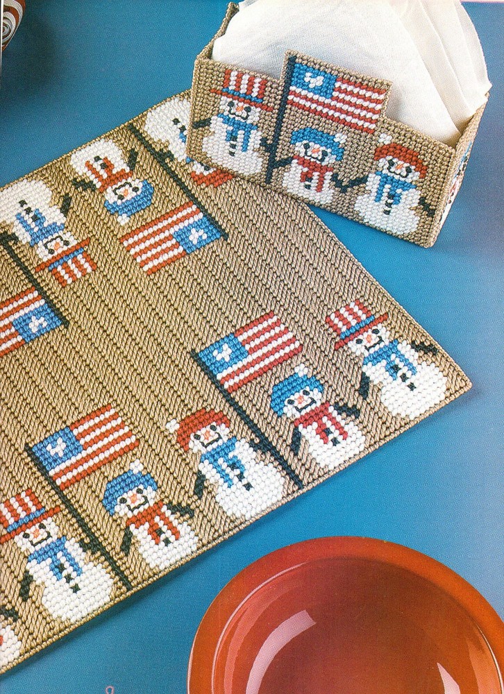 PATRIOTIC SNOWMEN TABLE SET PLACE MAT PLASTIC CANVAS PATTERN INSTRUCTIONS