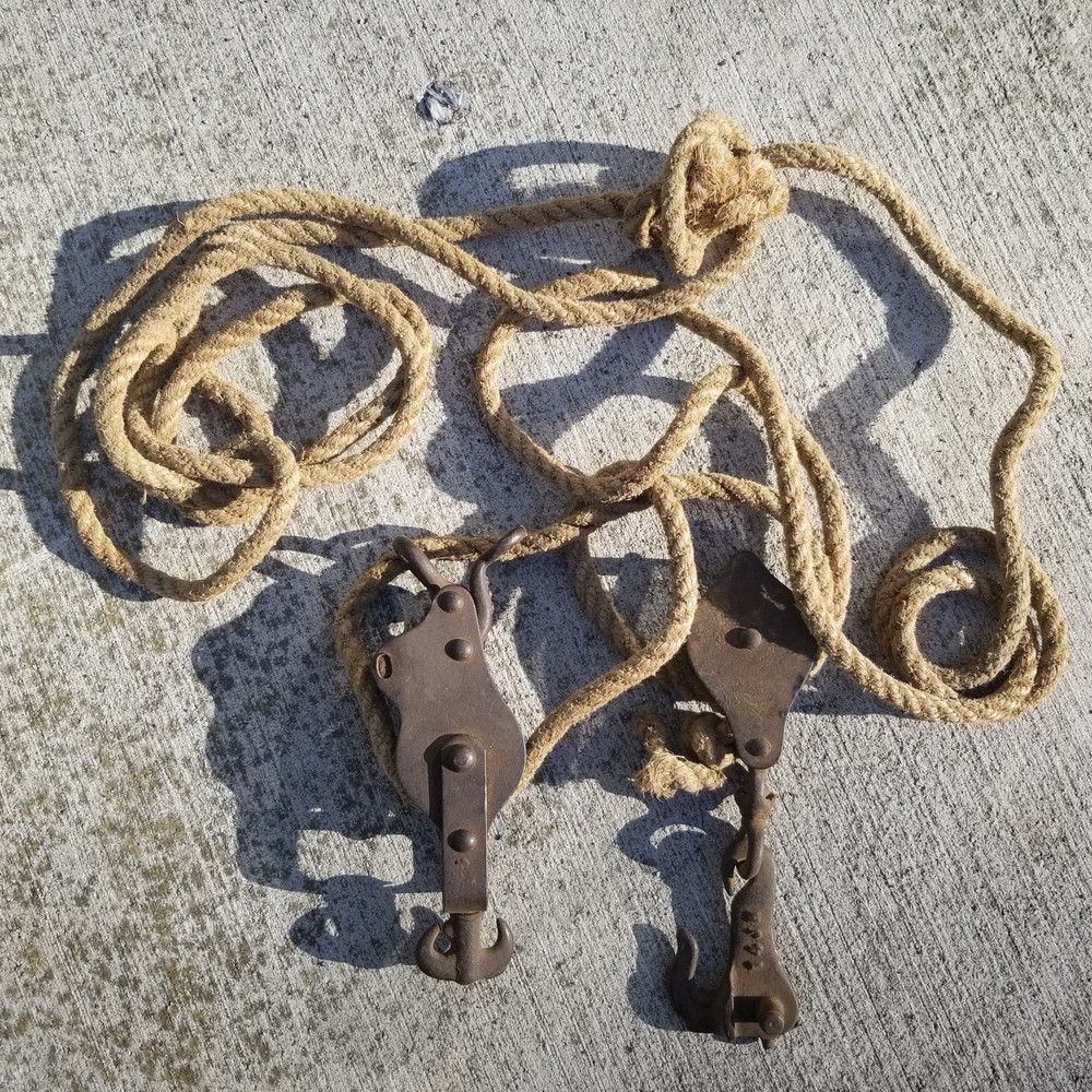 Authentic Antique Barn Rope x2 pullies Hook Approx. 17ft Length 1/2" thick