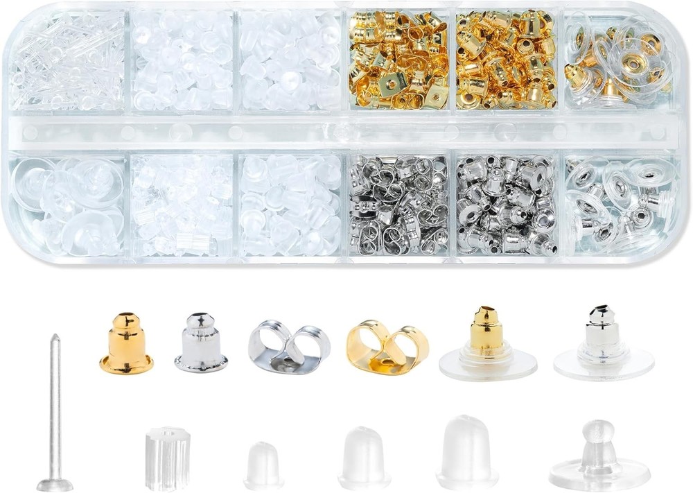 600 Pcs Earring Backs Kit – 12 Styles Silicone Metal Rubber for Studs