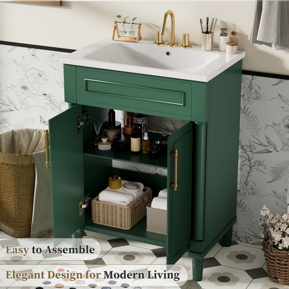 24 in Small Bathroom Vanity w/ Ceramic Sink & 2 Doors, Solid Wood&MDF, Green