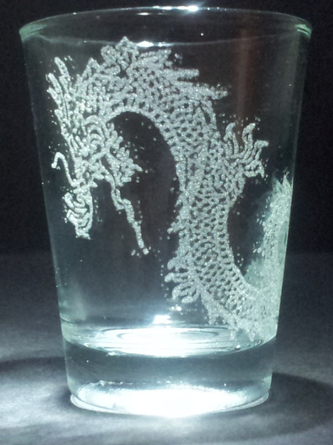 Dragon etched shot glass. Can be personalized. Different designs available!!