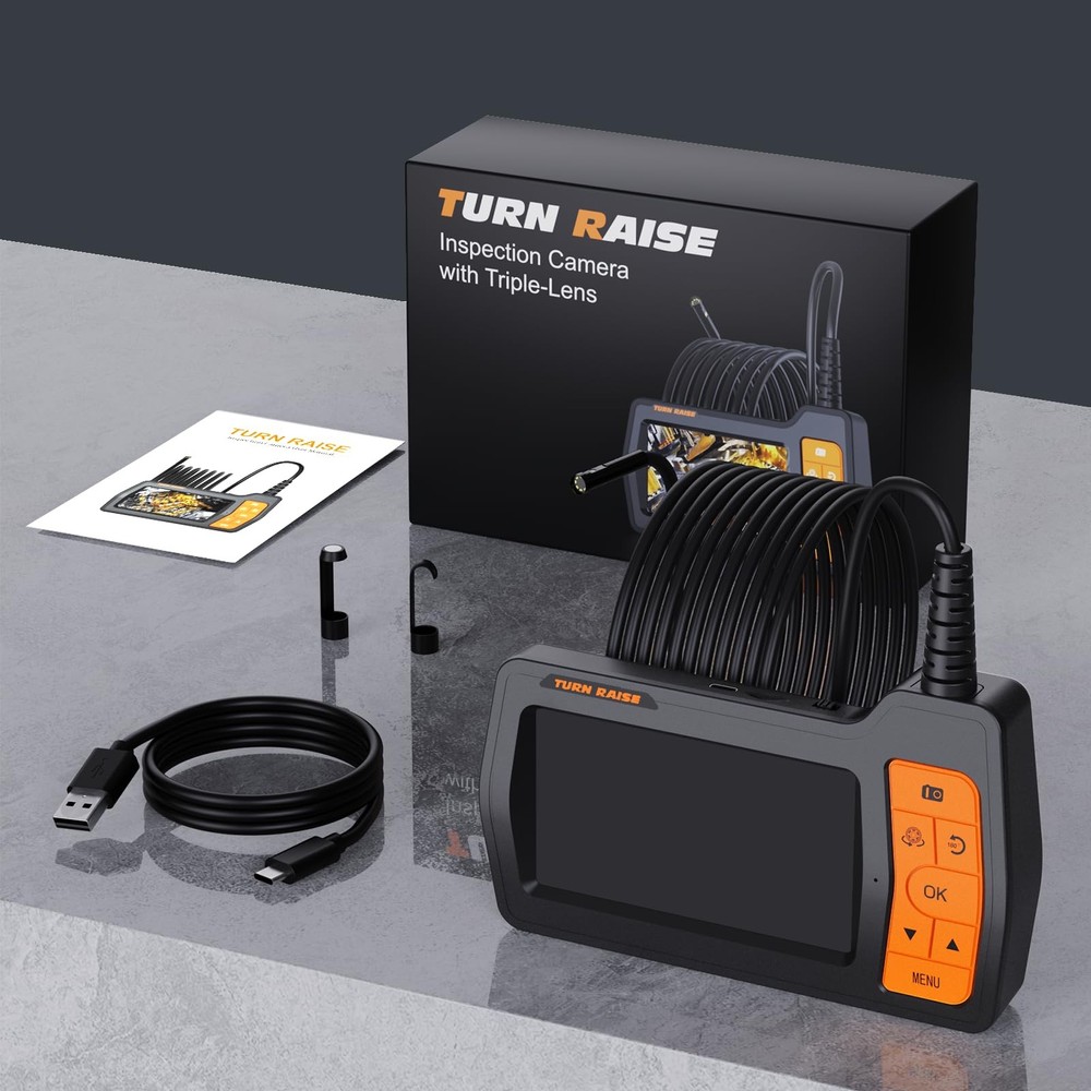 Triple Lens Inspection Drain Camera, 5" IPS Split Screen Borescope with Light...
