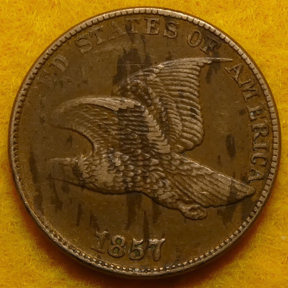 Sharp 1857 Flying Eagle Cent struck through grease. Nearly headless.