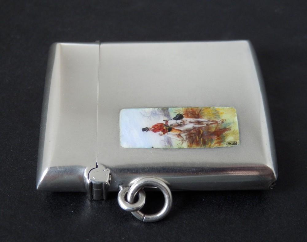 Antique Art Deco Solid Silver Enamel Vesta Case Huntsman Design