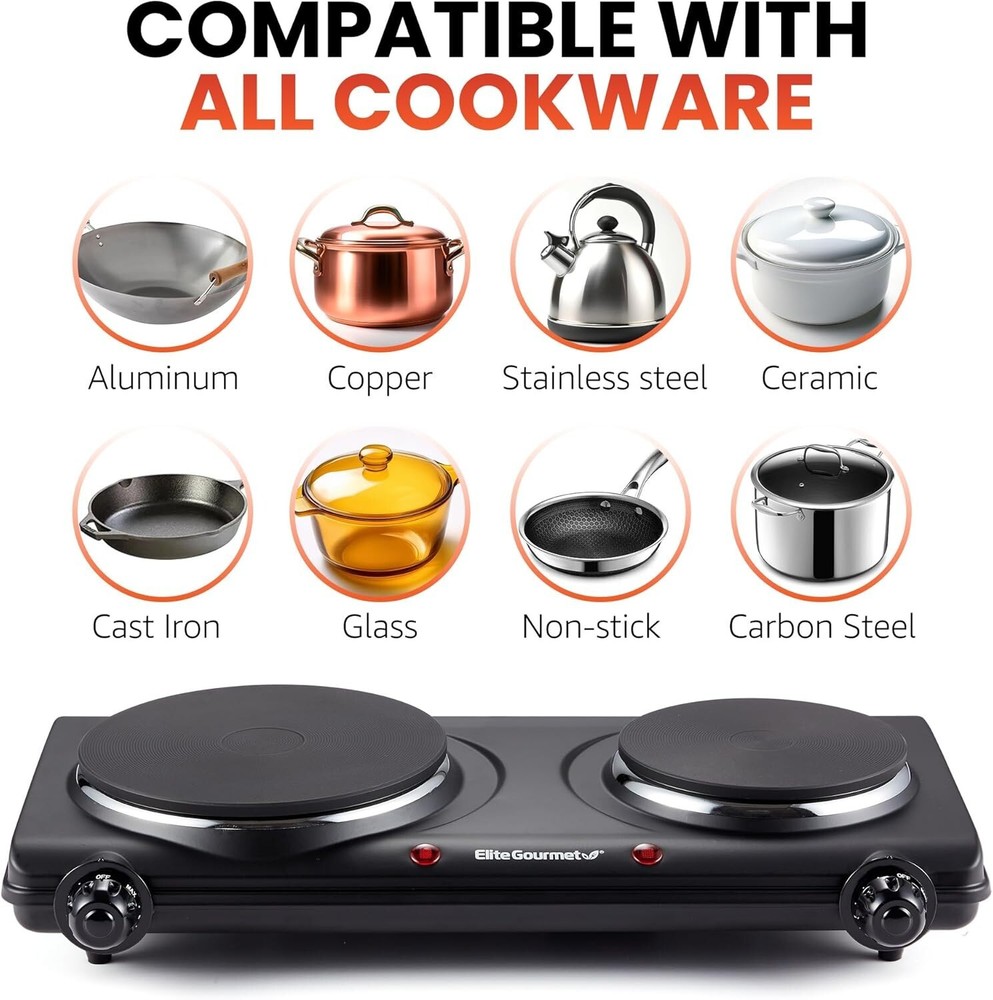 Compact Double Cast Iron Hot Plate - 1500 Watts with Easy Temperature Control