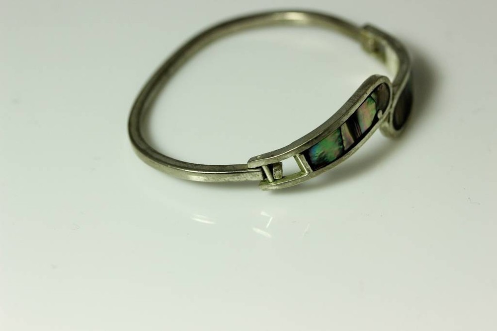Alpaca Silver with Inlaid Abalone Shell Latch Bracelet 6” - 6912