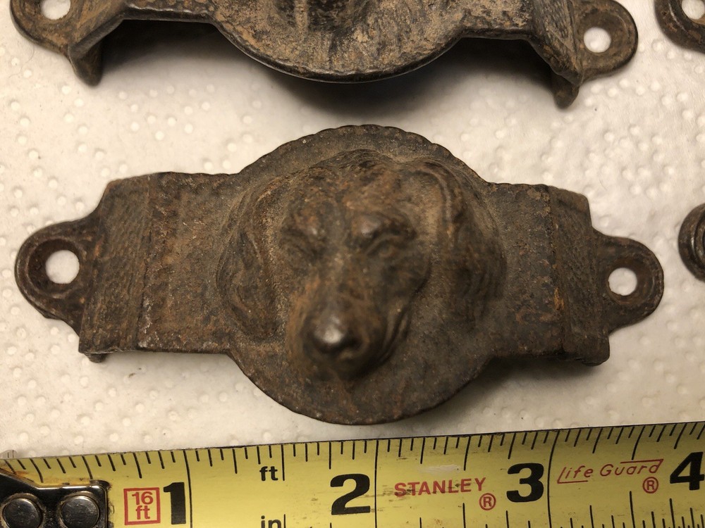 4 Antique Dog Head Drawer Pulls