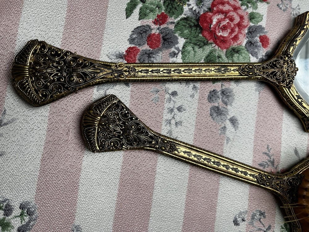 Vintage Embroidered Scroll Work Hand Held Vanity Mirror & Brush Set Gold Tone