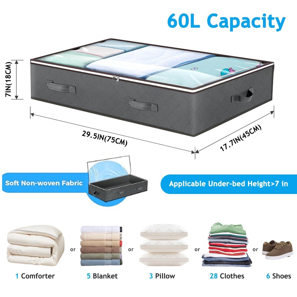 60L Under Bed Storage Containers, Storage Bins with Clear Lids, Foldable Clos...