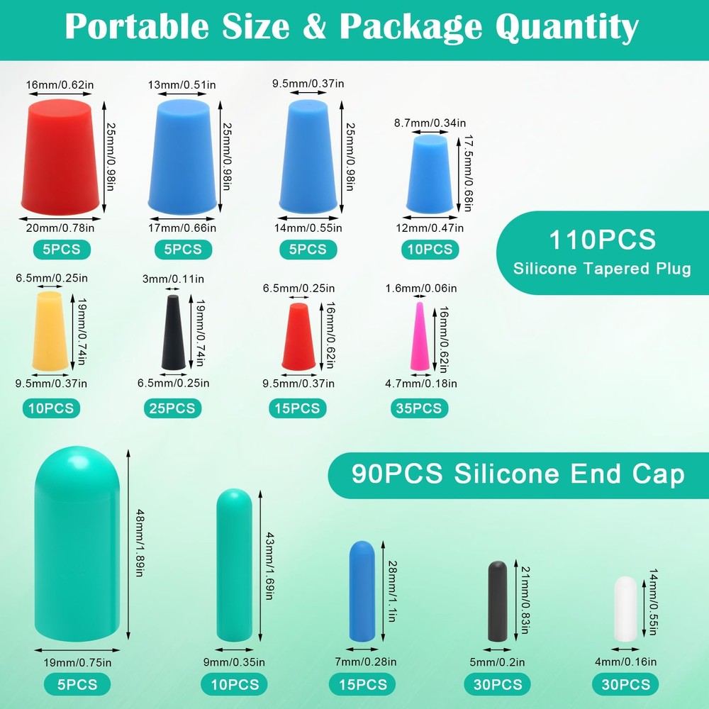 200 PCS High Temp Silicone Rubber Stopper Tapered Plug Protective End Cap Kit