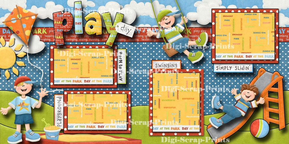 PLAY DAY ~ BOY ~ PARK 2 premade scrapbook pages paper piecing printed DIGISCRAP
