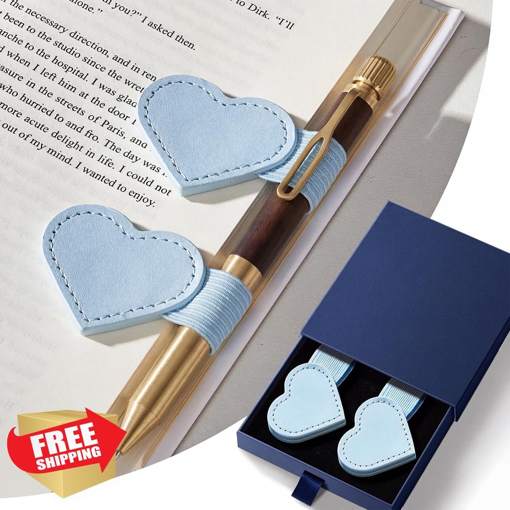 2pc Magnetic Leather Bookmarks Heart Shaped Gift Box Light Blue