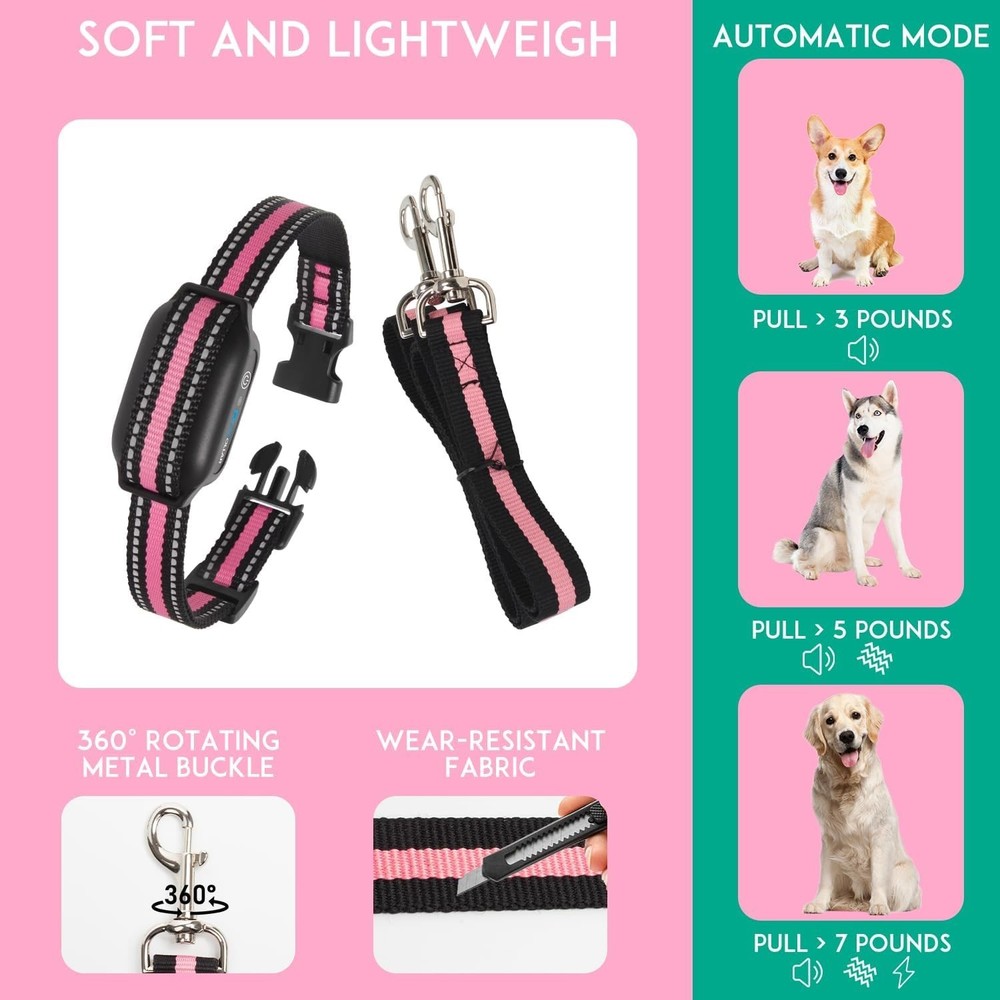 Dog Shock Collar with Handle - Leash, 1667FT Range, 3 Modes, Waterproof - Pink