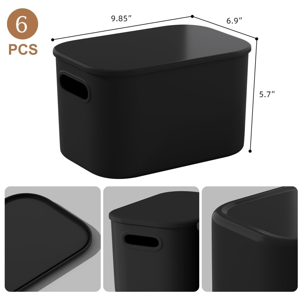 8 Pack Black Storage Bins with Lids Stackable Storage Container for Organizin...