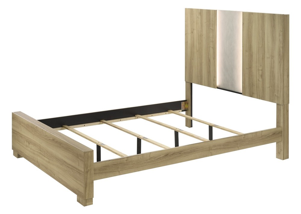 5Pc Contemporary Driftwood Finish King Integrated LED Light Panel Bed Set