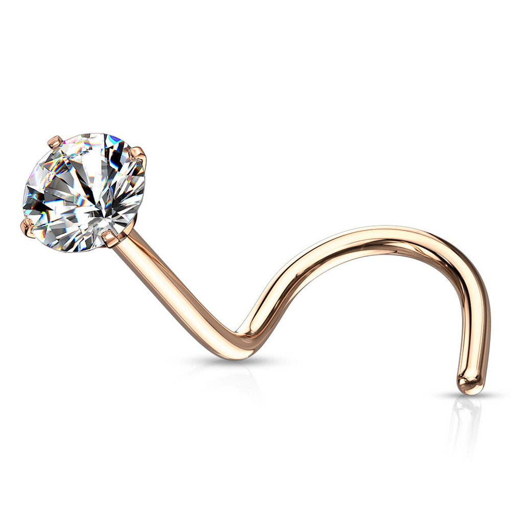 14K Solid White Gold , Curve Bar Nose Stud, Screw Nostril Piercing 20 GA"