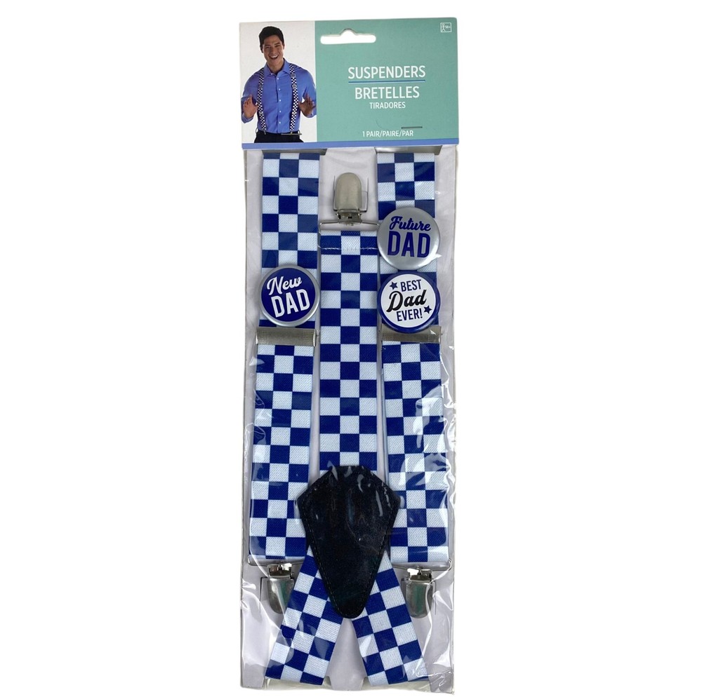 New Dad Best Dad Elastic Suspenders Blue Checkered