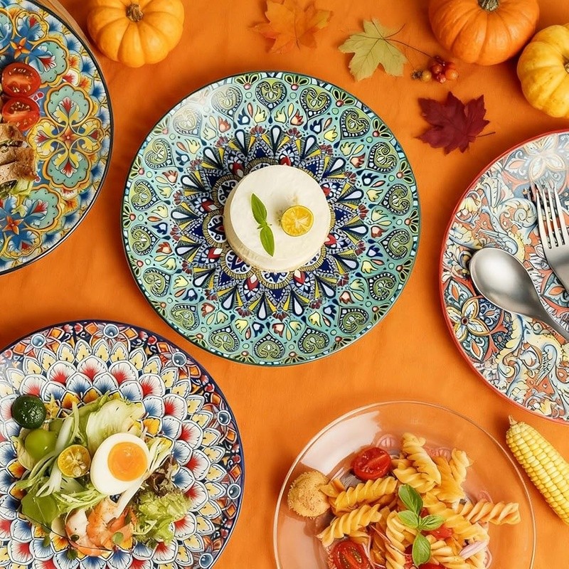 Artistic Bohemian Ceramic Plates Set of 6 Stackable Dishwasher Microwave Safe US