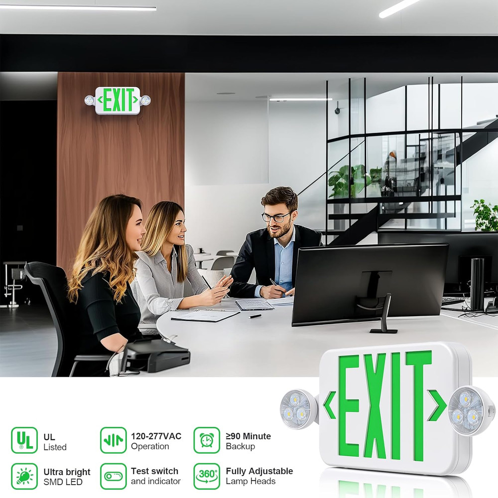 Led Exit Sign Emergency Light Combo Adjustable Two Head,Double Sided and Battery