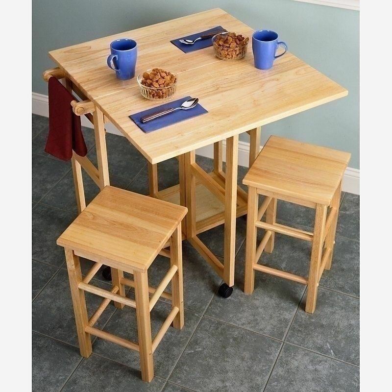 Natural Wooden Kitchen Breakfast Cart Set Dining Table Stools Rolling Island Pub