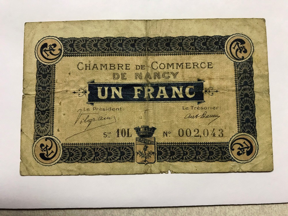 France Chambre de Commerce DE Nancy Un Franc Note Circ #14693
