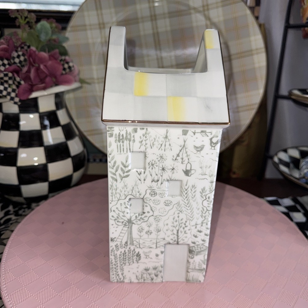 MACKENZIE-CHILDS One Sterling Cottage Tall Container Large Grey White Check Nib