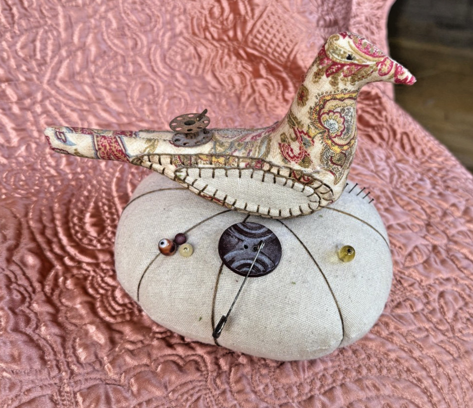Primitive Folk Art Bird Pin Cushion Hand Made