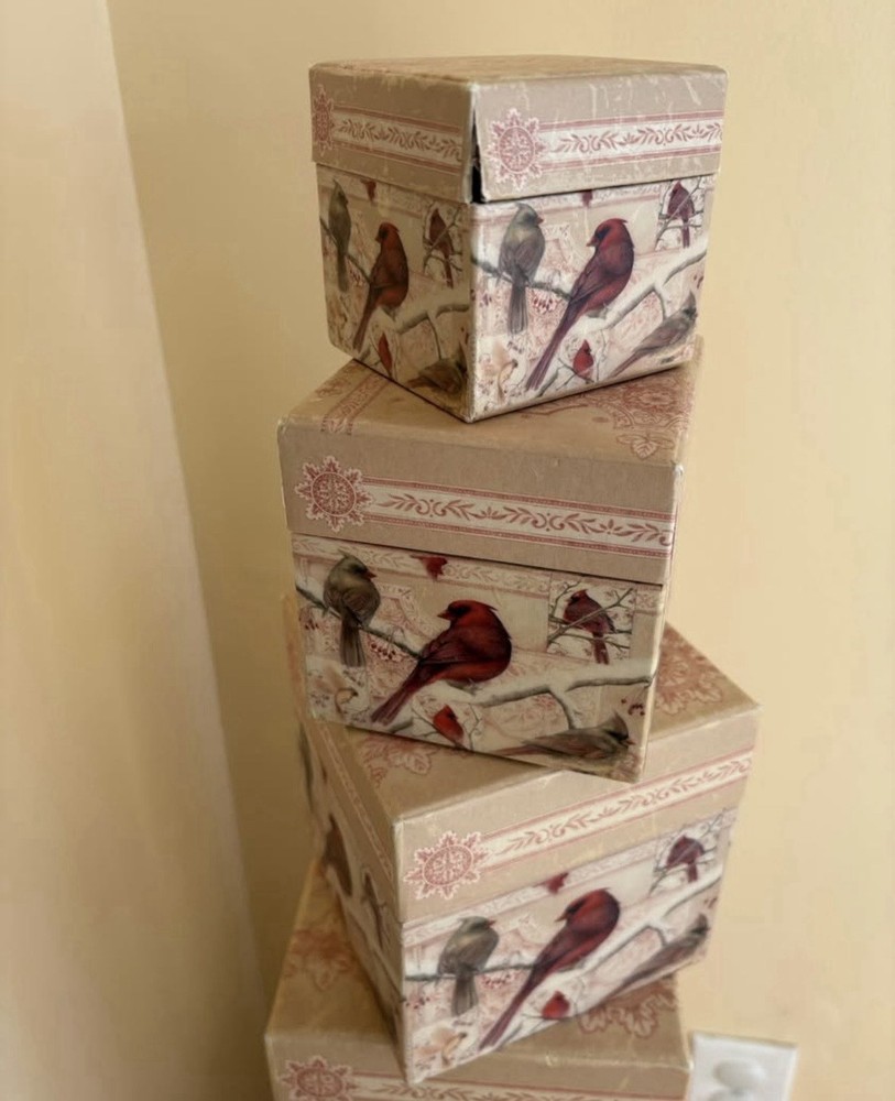 vintage stackable Bobs Boxes, Winters tapestry/Cardinal birds 3 Boxes