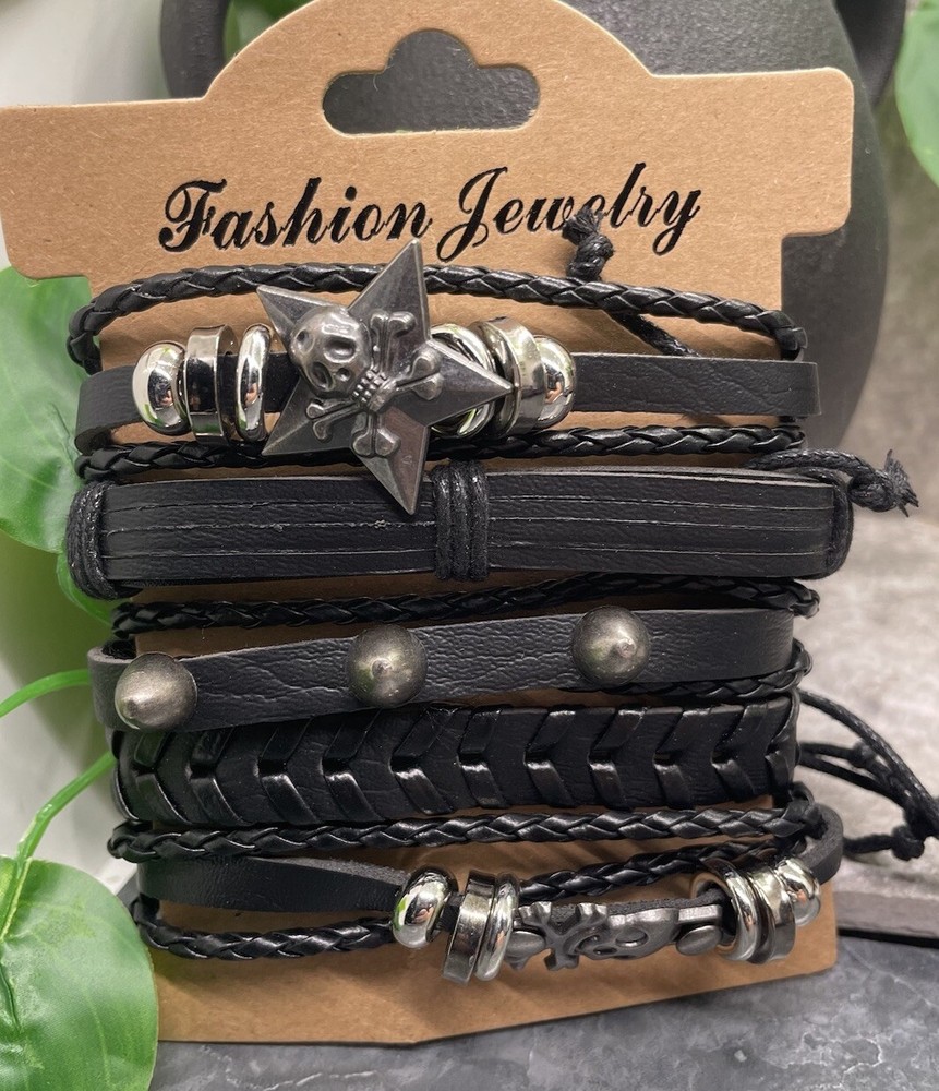 5 PC PU Leather Punk Bead Bracelet Stackable Adjustable Tie New Free Ship B3391