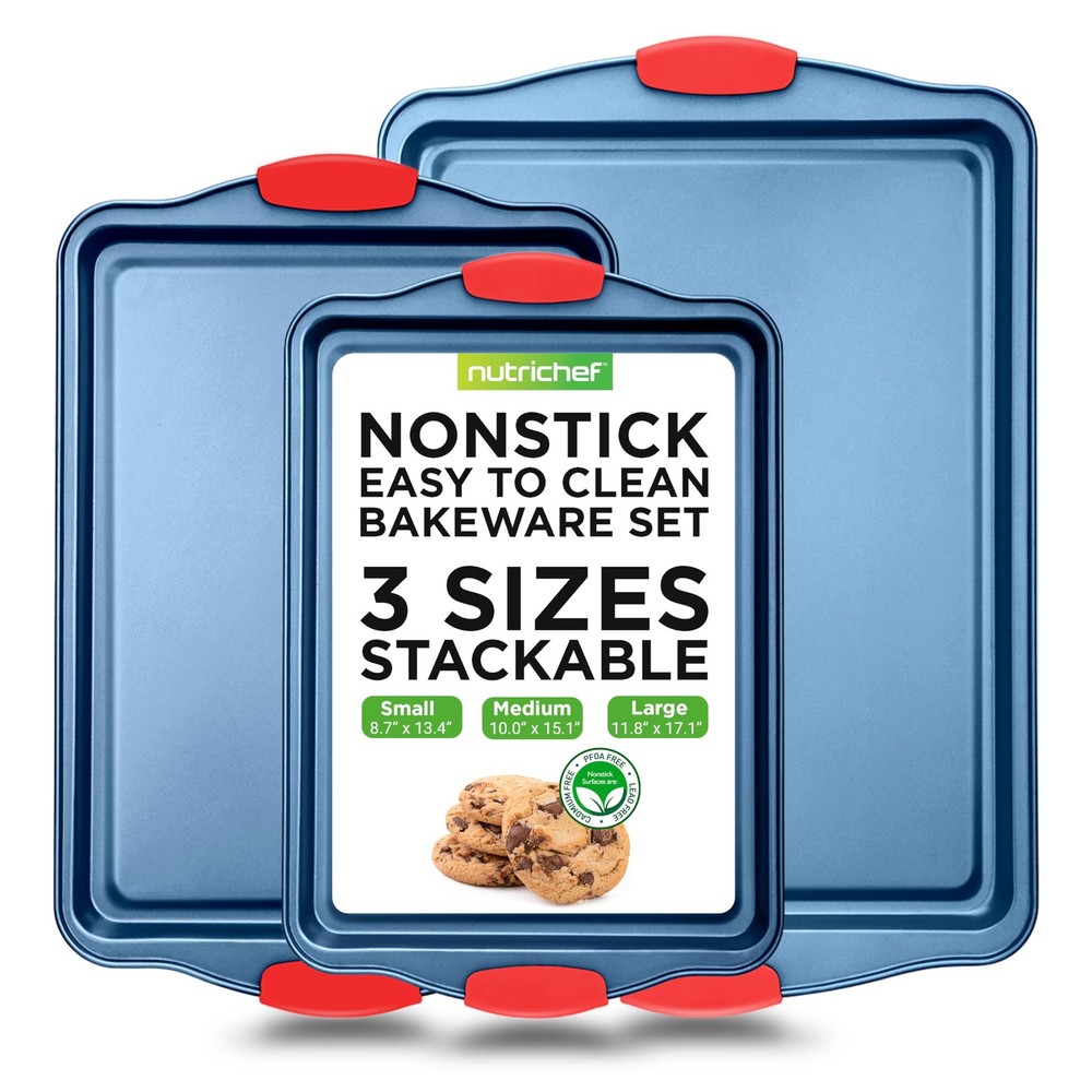 NutriChef Nonstick 3-Piece Baking Pans Set – (Blue)