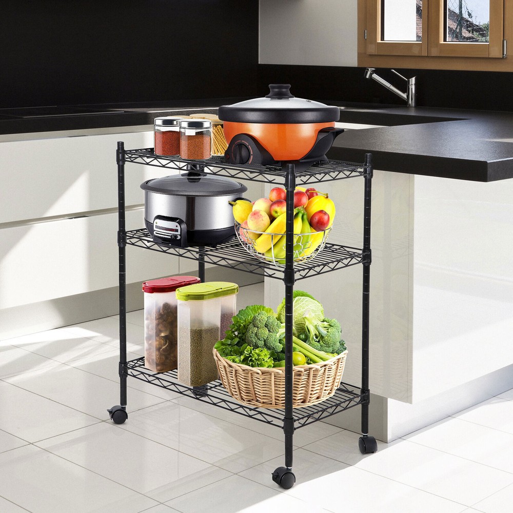 3 Tires Wire Rack Unit Shelving Rolling Kitchen Cart Adjustable Storage 4 Wheels